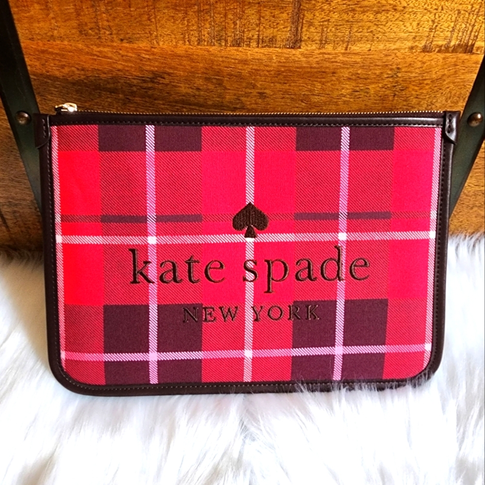 Kate Spade New York Ella Plaid Large Zip Pouch NWT